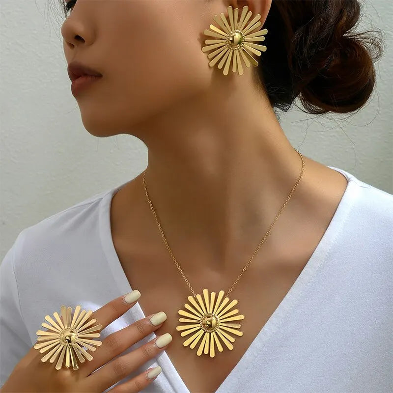 Gold Plated Flower Jewelry Set Earring Necklace Ring Gift Set 